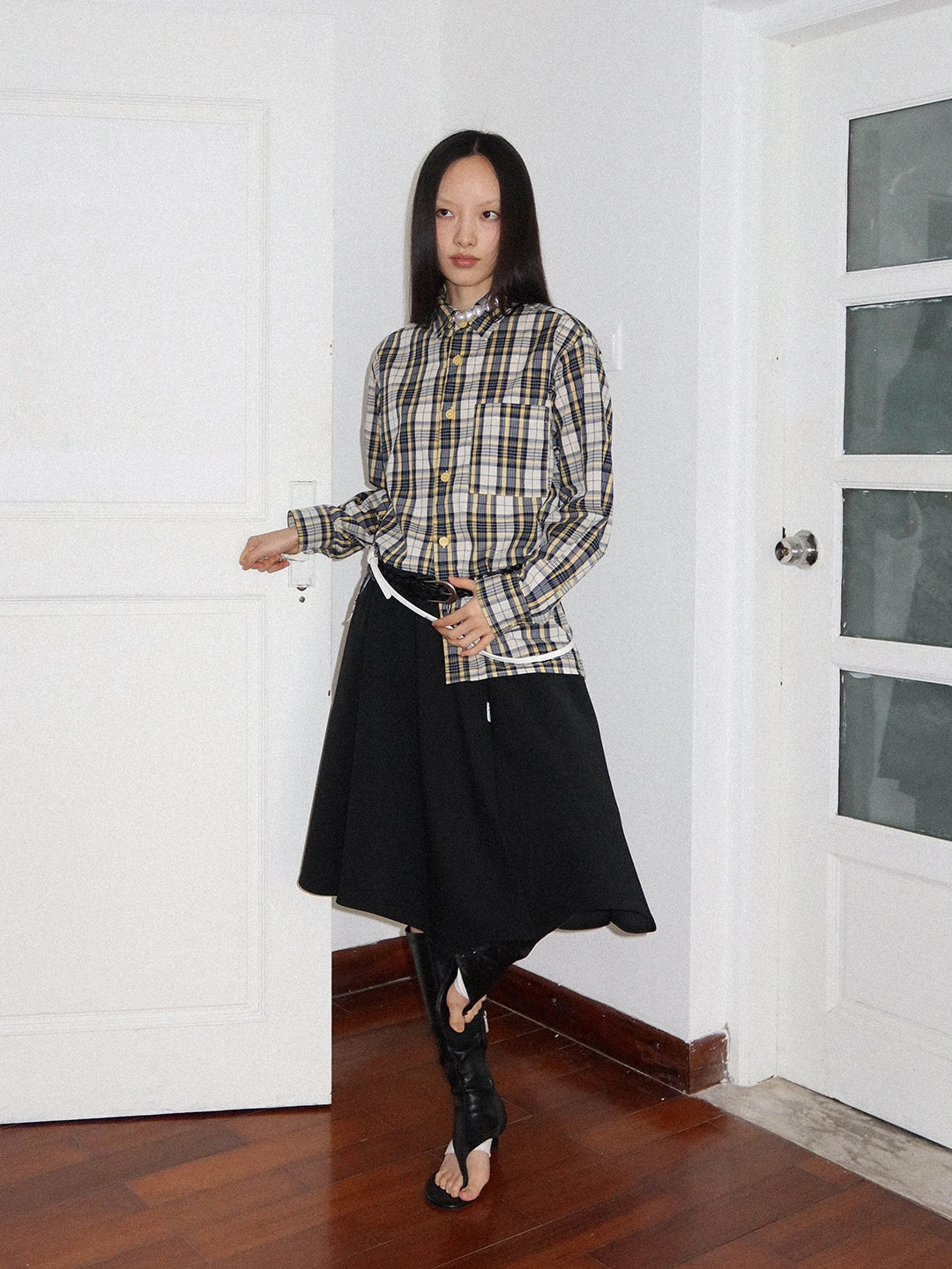 FUNKYFUN Contrasting Checked Loose Long-sleeved Shirt