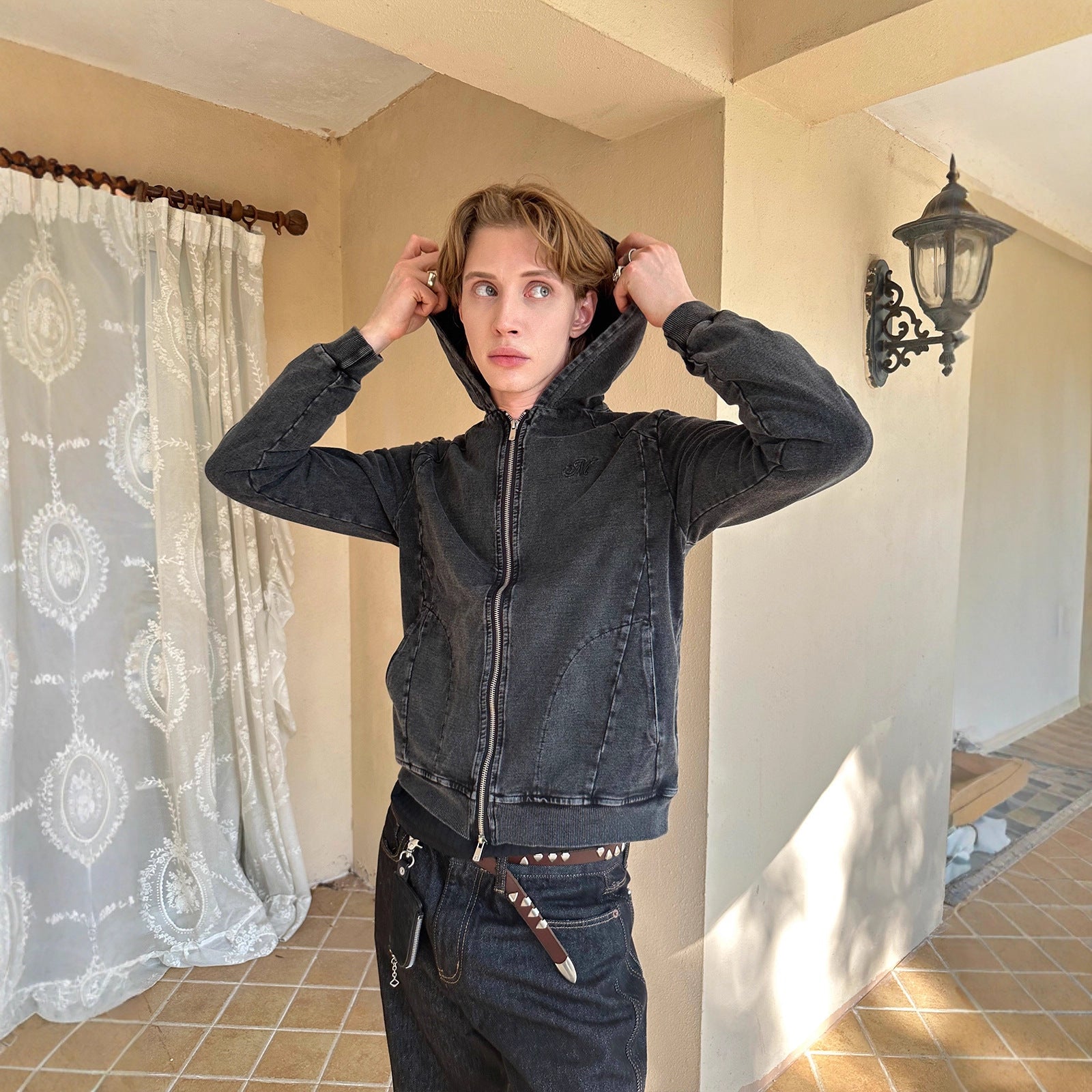 EME Embroidered Alphabet Ninja Hooded Slim-Fit Denim Sweater