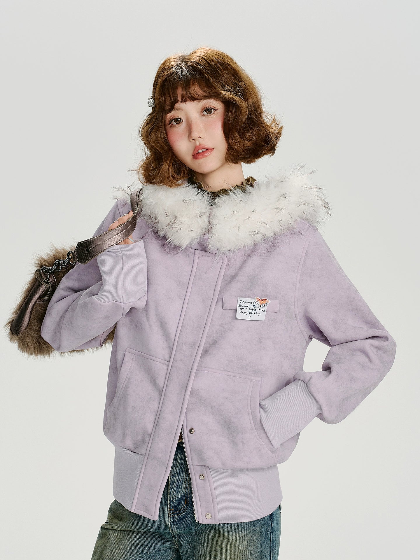 Girlyhalo Vintage Fur Collar Slim Fit Hooded Jacket