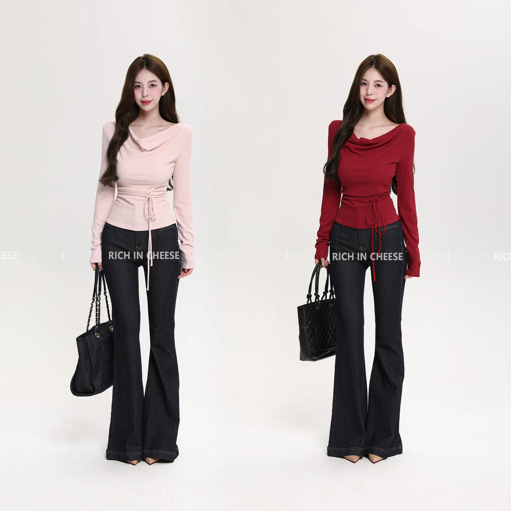 RICH IN CHEESE Waist Fold Temperament Swing Neck Long Sleeve