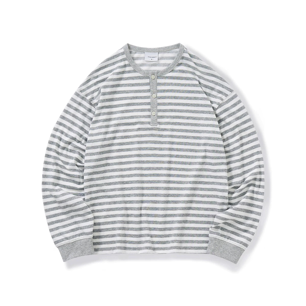 714Street Linen Blended Henry Neck  Striped Long SleeveT-Shirt