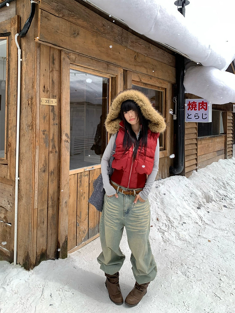 EAHO Removable Fur Collar Cotton Vest
