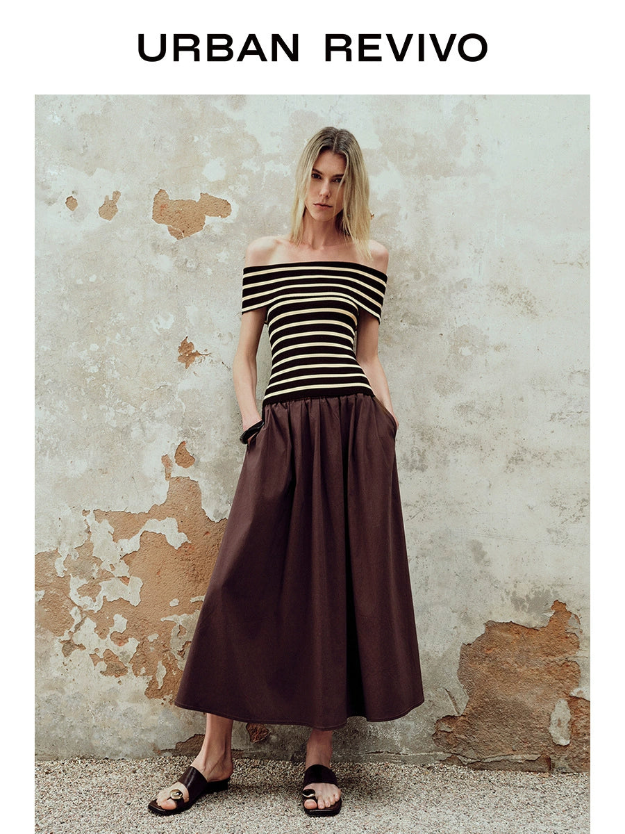 URBAN REVIVO One-word Shoulder Contrasting Striped Pit-pattern Knitted Sweater