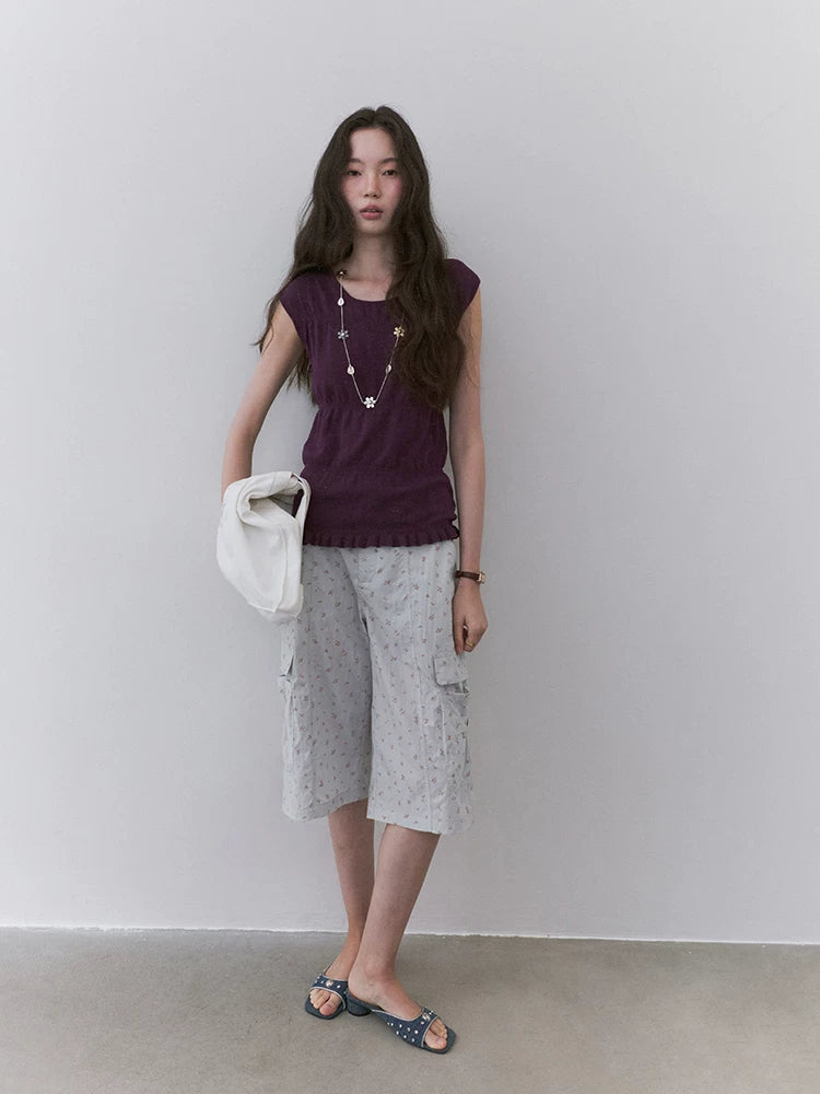 VOOE Round Neck Broken Pleated Knitted Slim and Thin Tee