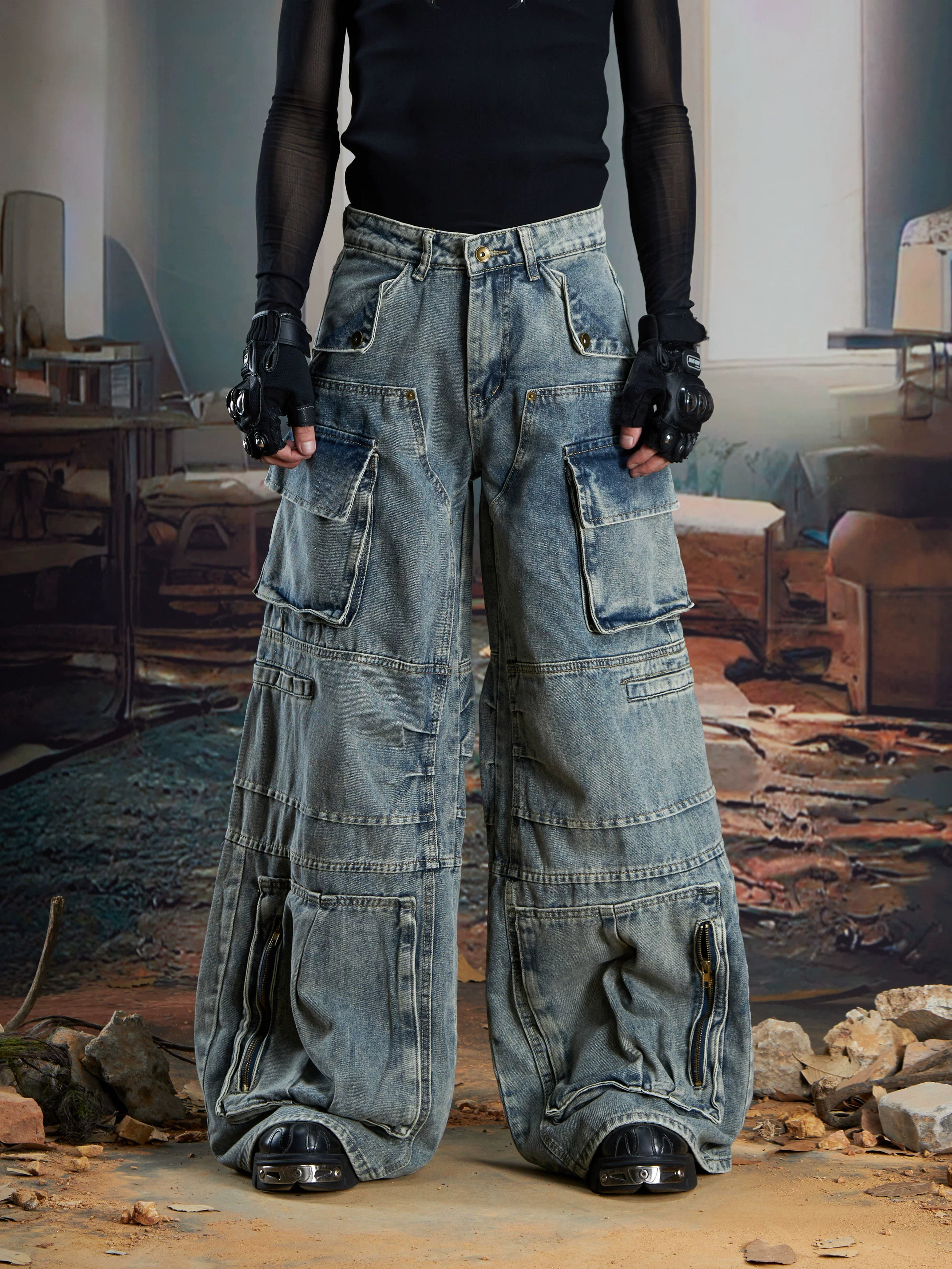 NOMANIAI Deconstruction and Splicing Three-dimensional Cutting Multi-pocket Jeans