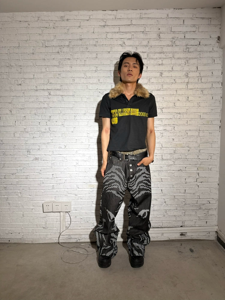 CHAI Slogan Printed Fur Collar Removable Slim-fit POLO Shirt