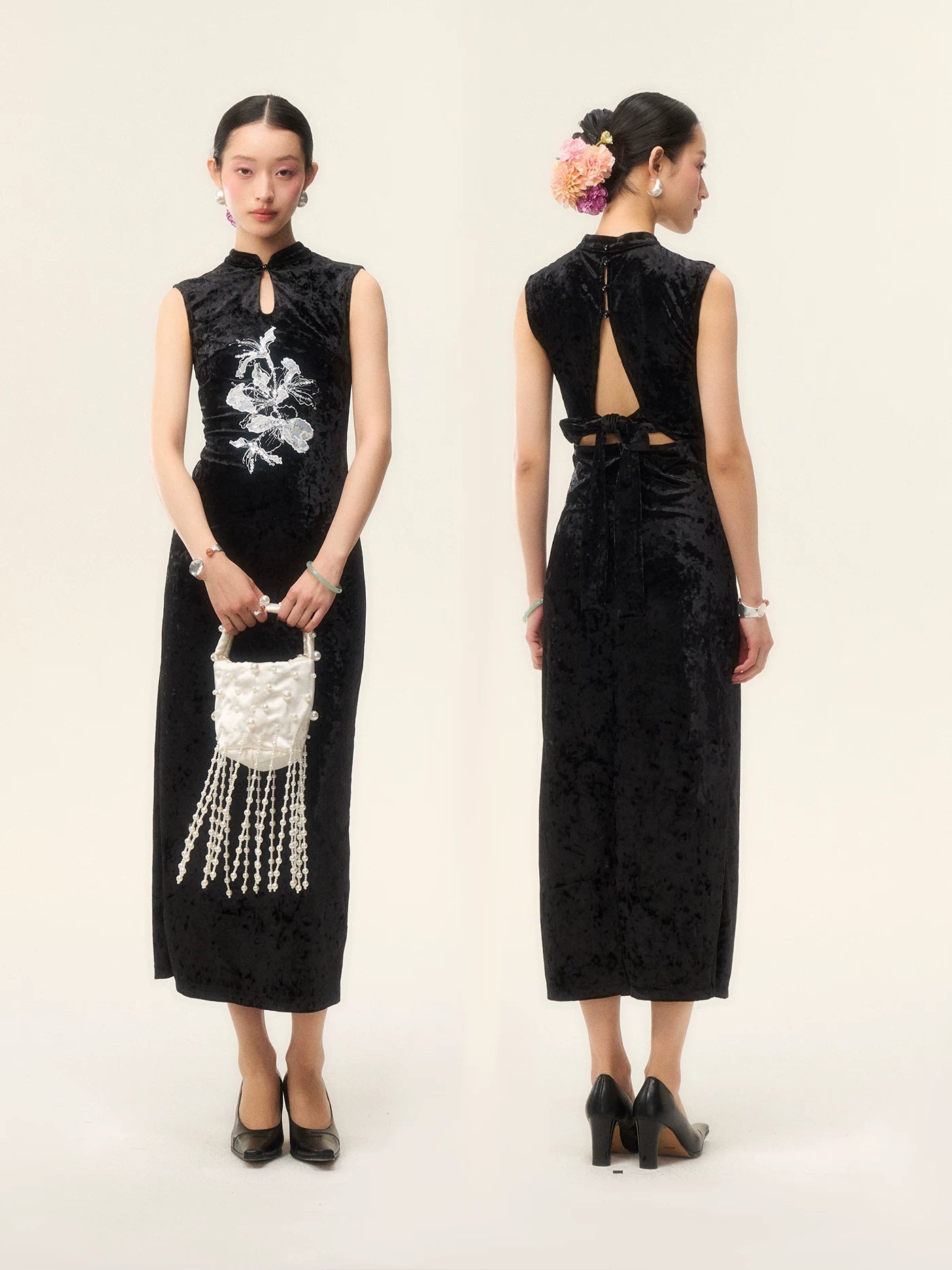 LOUMUTAKU Three-dimensional Lace Embroidered Velvet Cheongsam Dress