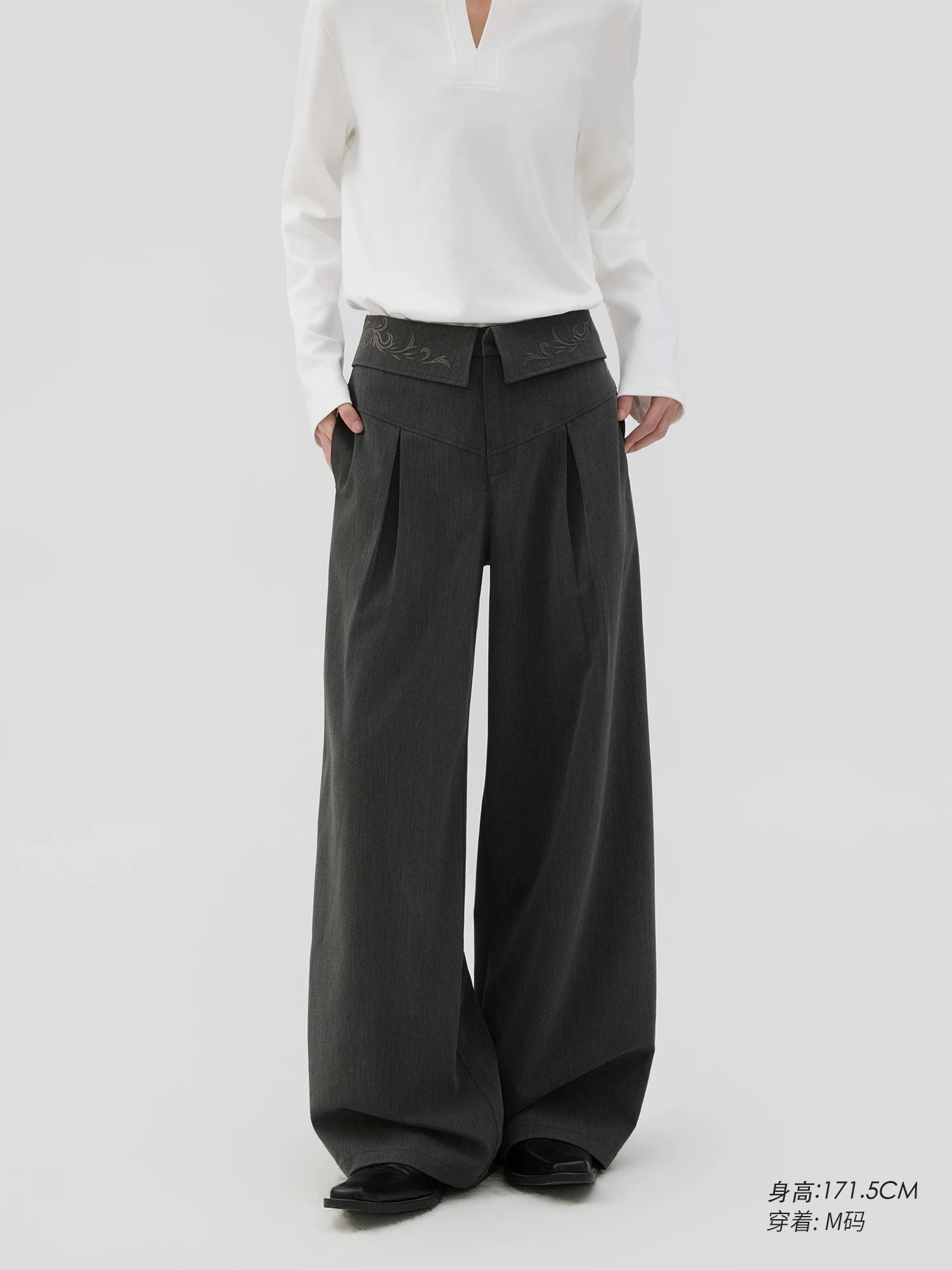Sameuoo Waist Fold-down Embroidered Loose Straight Trousers