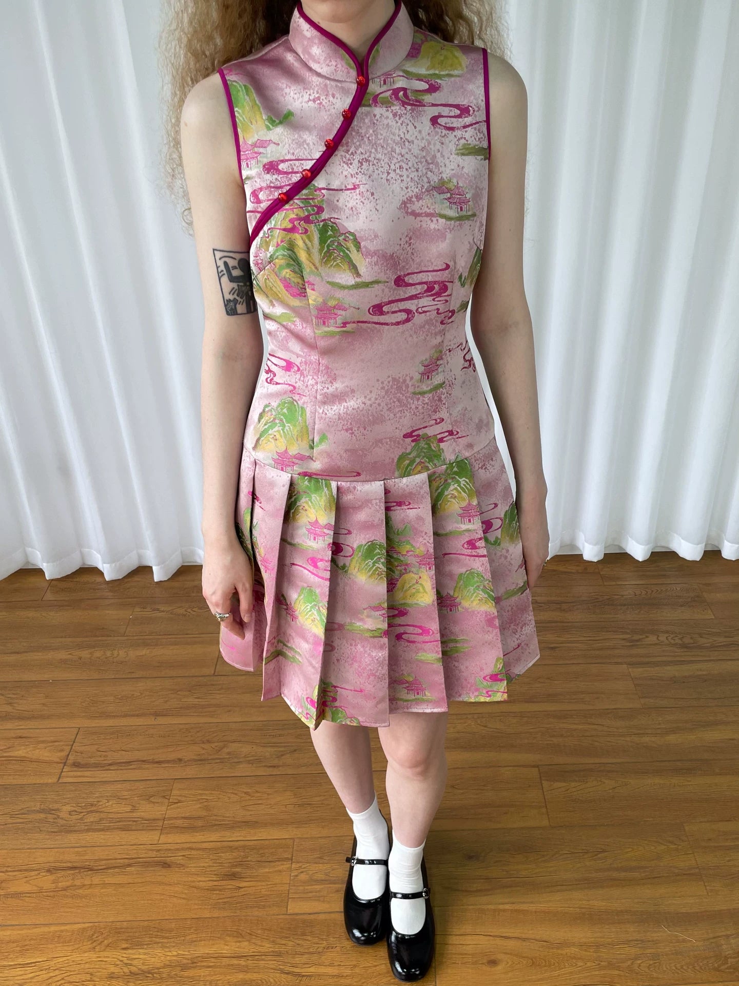 Loosesmell Pleated Thin Jacquard Sleeveless Cheongsam Skirt