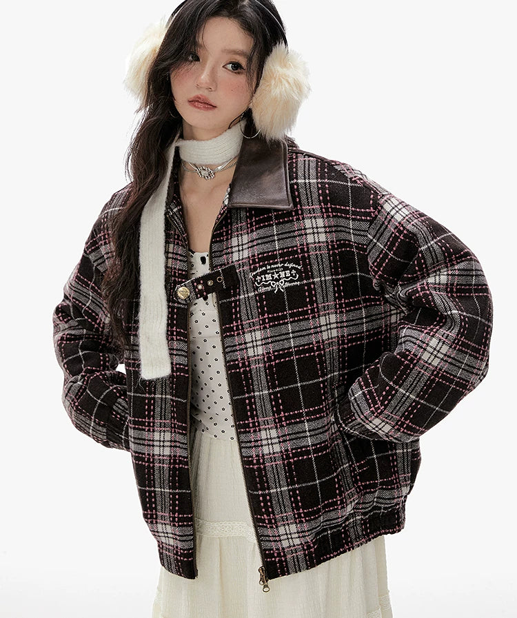 Imone Contrasting Plaid Leather Collar Loose Woolen Short Jacket