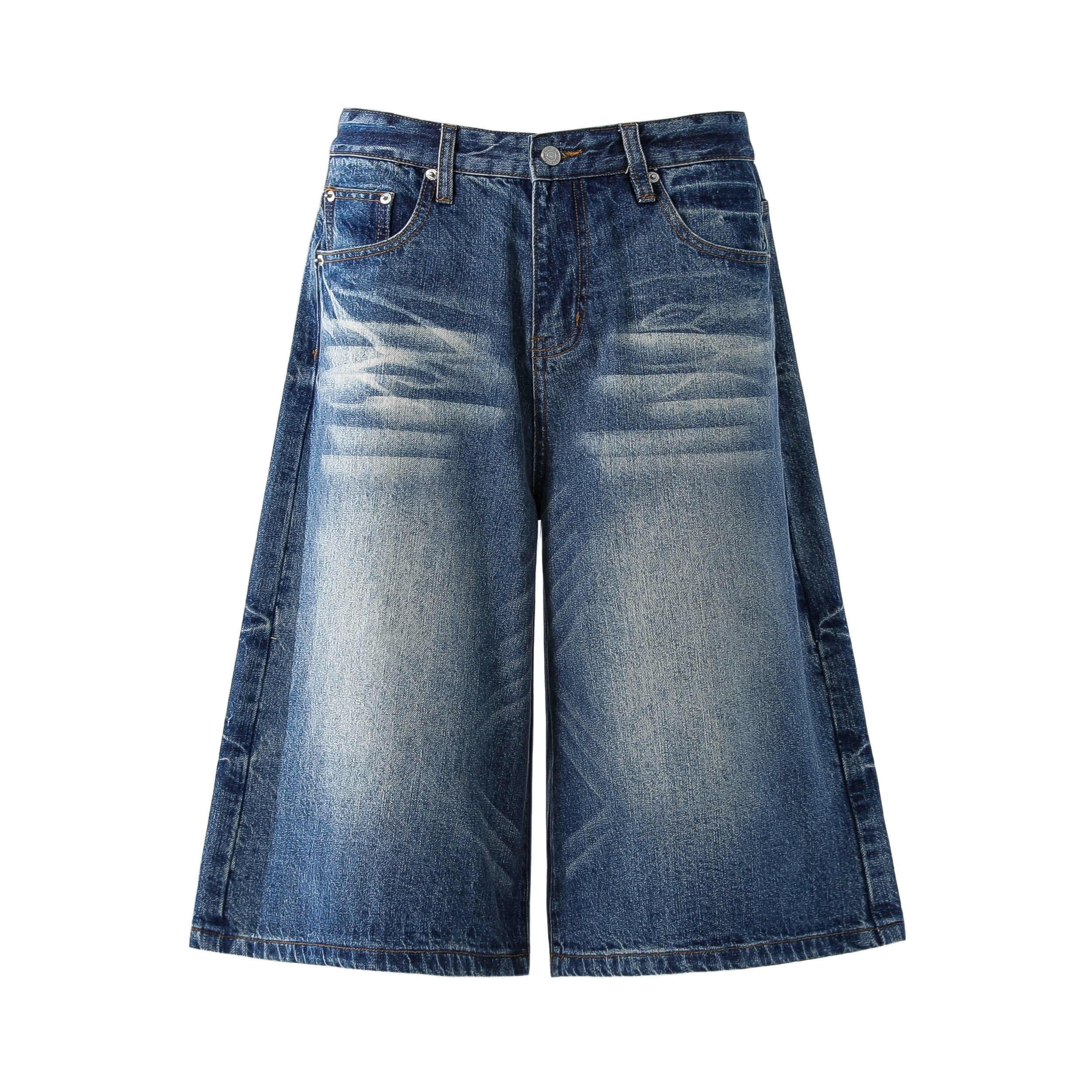 BTSG washed cat beard loose wide-leg denim shorts