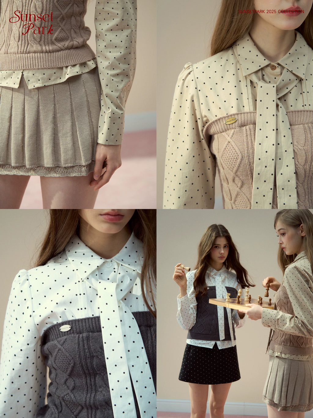 SunsetPark College Style Splicing Shirt Knitted Pleated Skirt Set