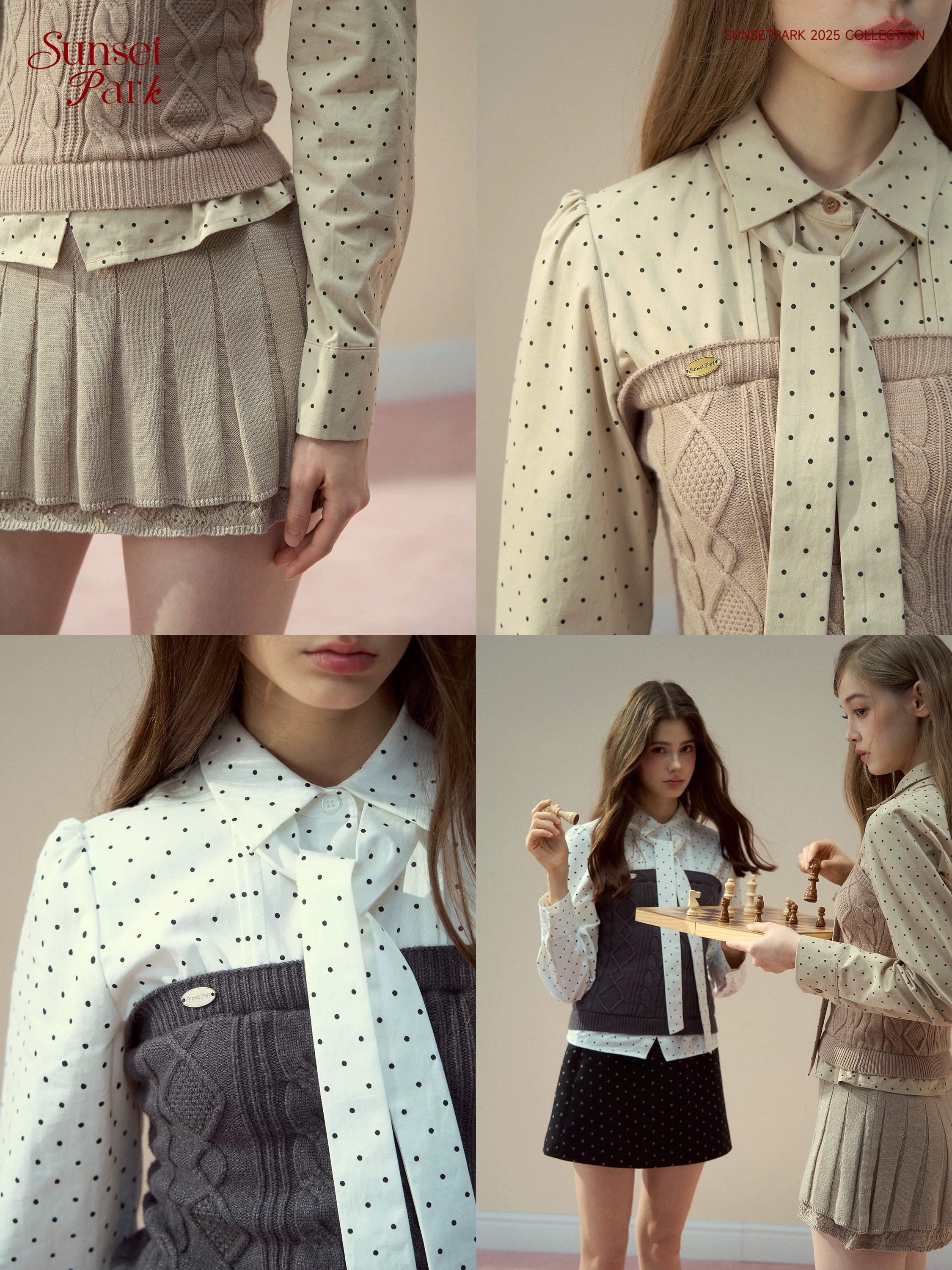 SunsetPark College Style Splicing Shirt Knitted Pleated Skirt Set