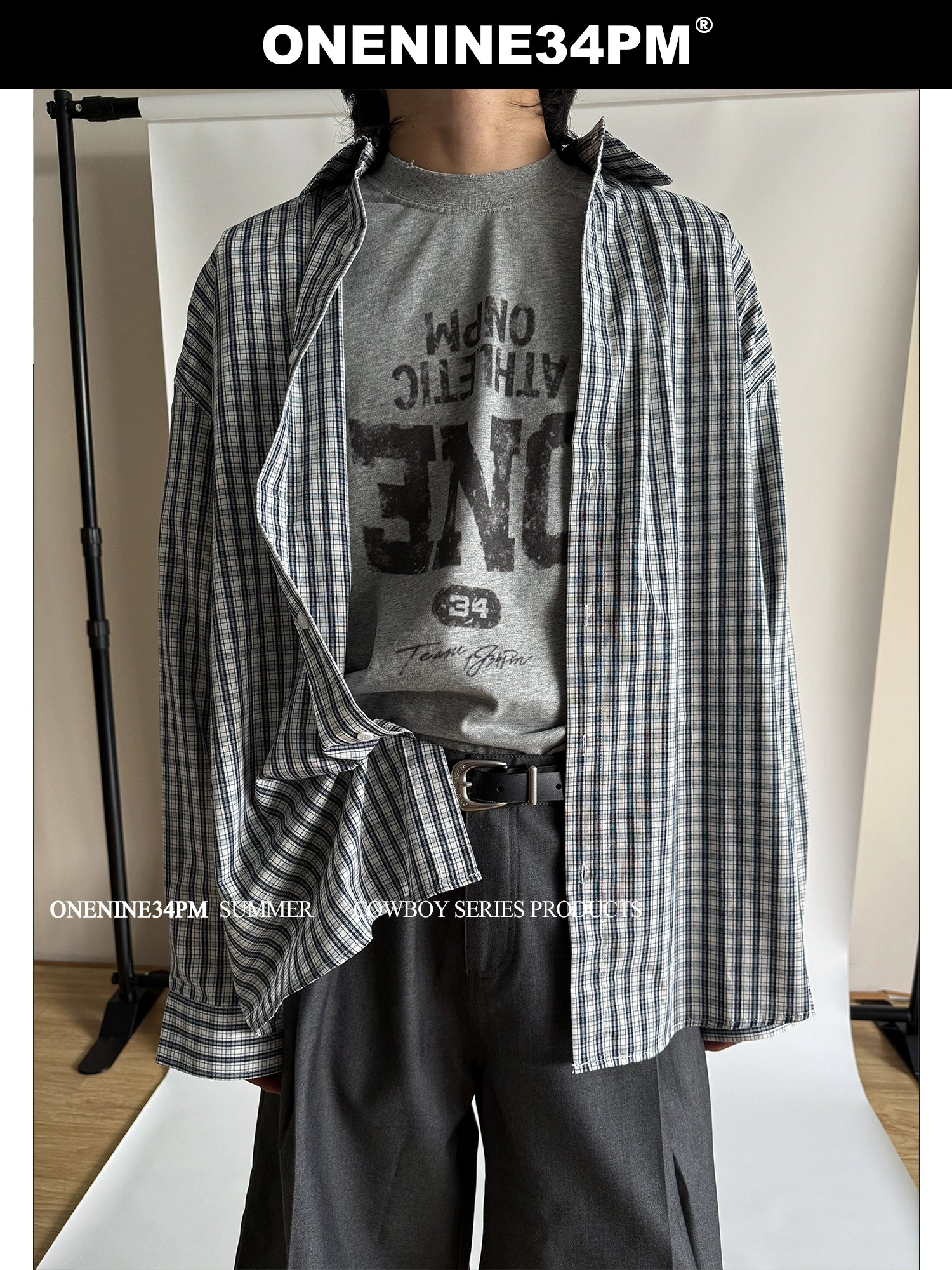 ONENINE34PM Fine Plaid Loose Lazy Long-sleeved Shirt