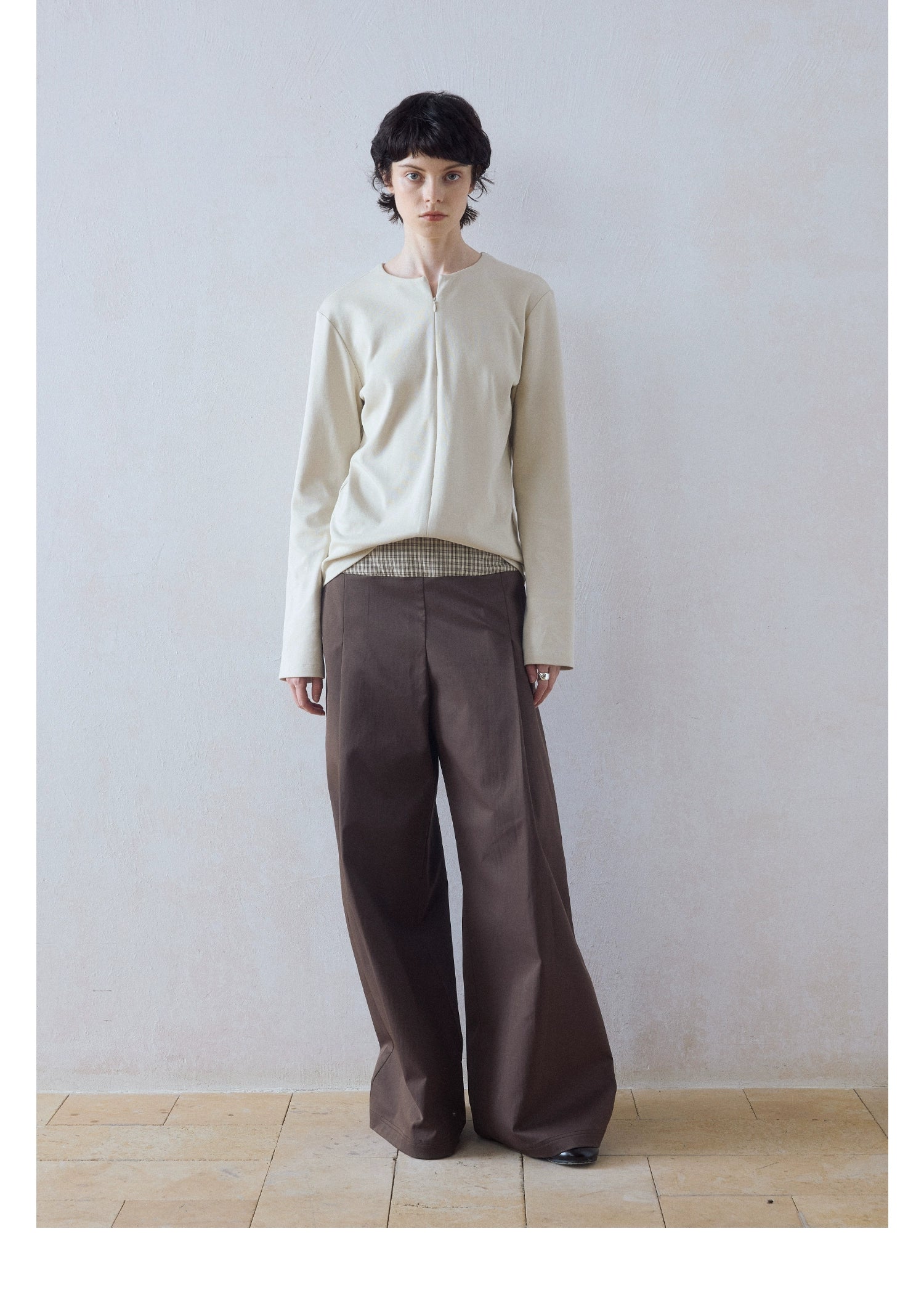 DIMC Checked Stitching Inner Pleated Wide-leg High-waisted Pants