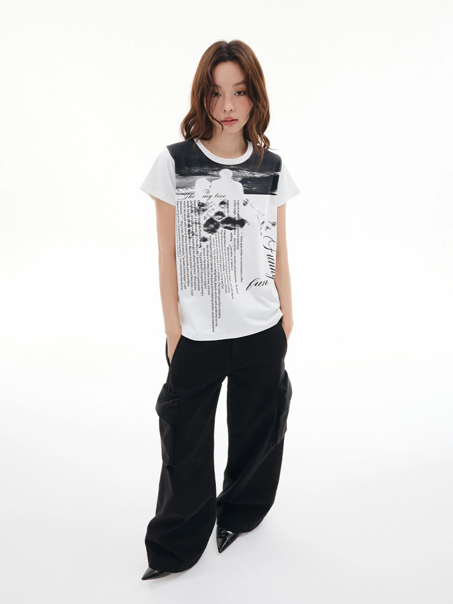 FUNKYFUN Full Print Portrait Slogan Front Shoulder Tee