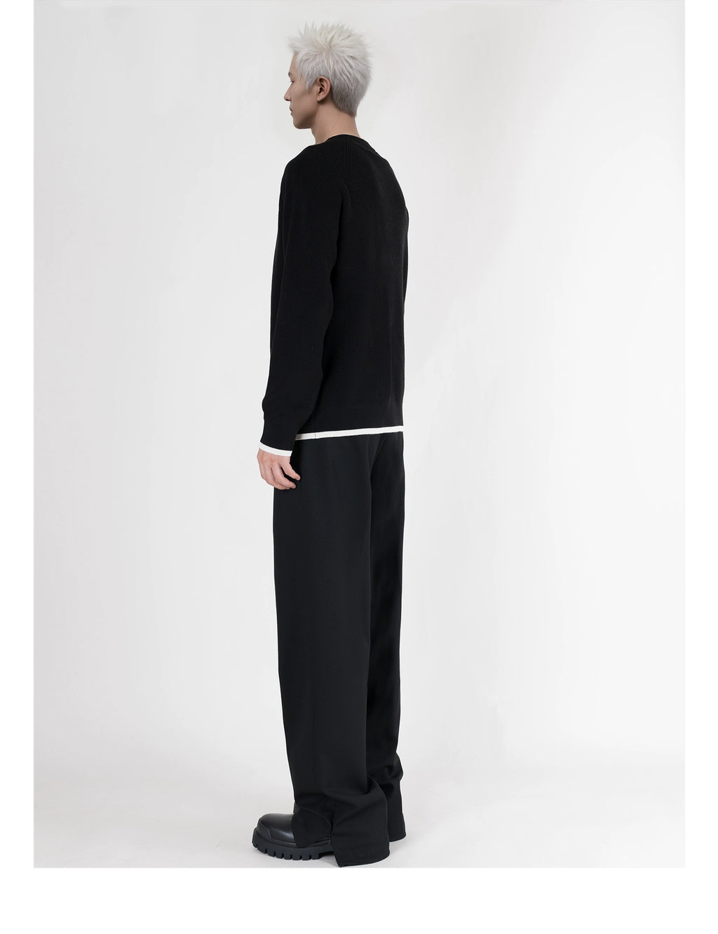 PERDU Shoulder Sleeves Contrasting Color Crew Neck Knitted Long-sleeved Sweater