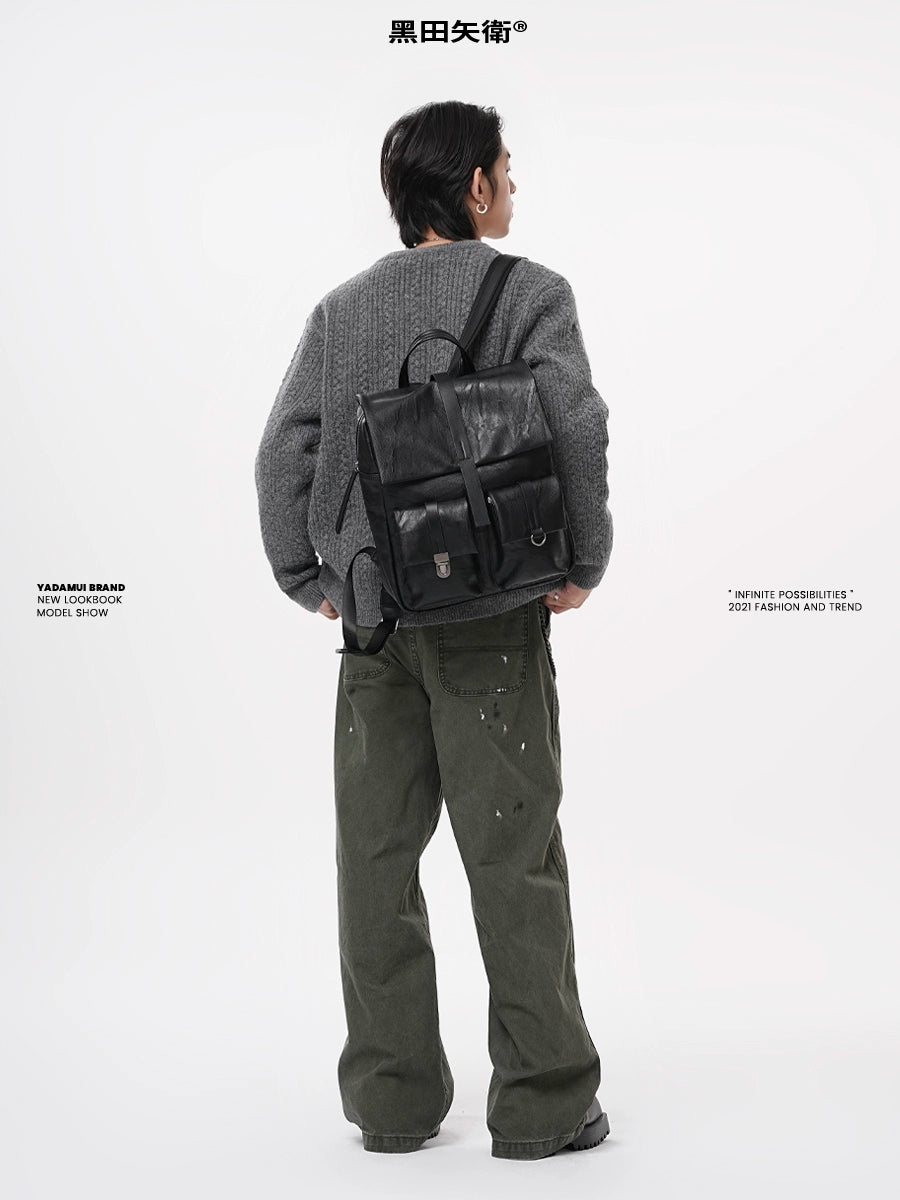 YADAMUI Vintage Pleated Backpack Commuter Leather High-end Large-capacity Schoolbag