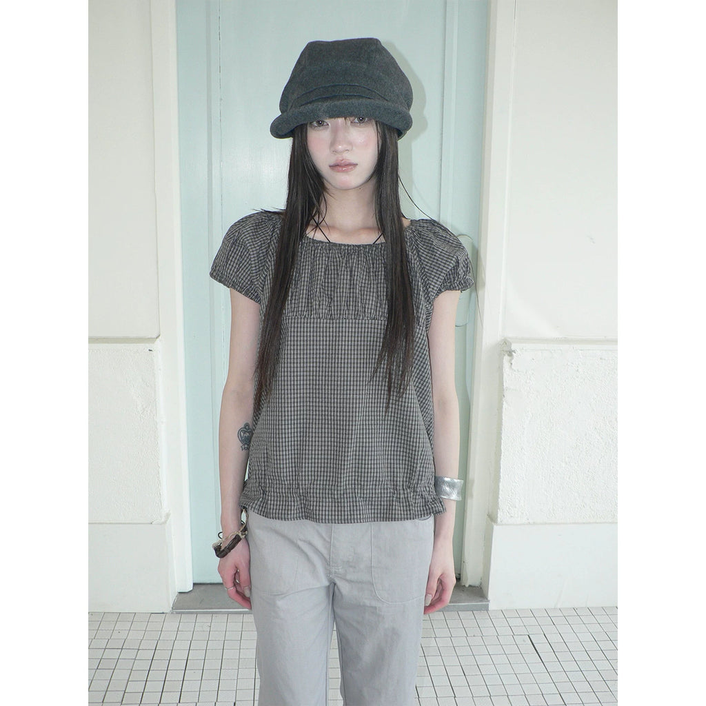 ANG: Project Retro Plaid Bubble Sleeve Waist Short Shirt