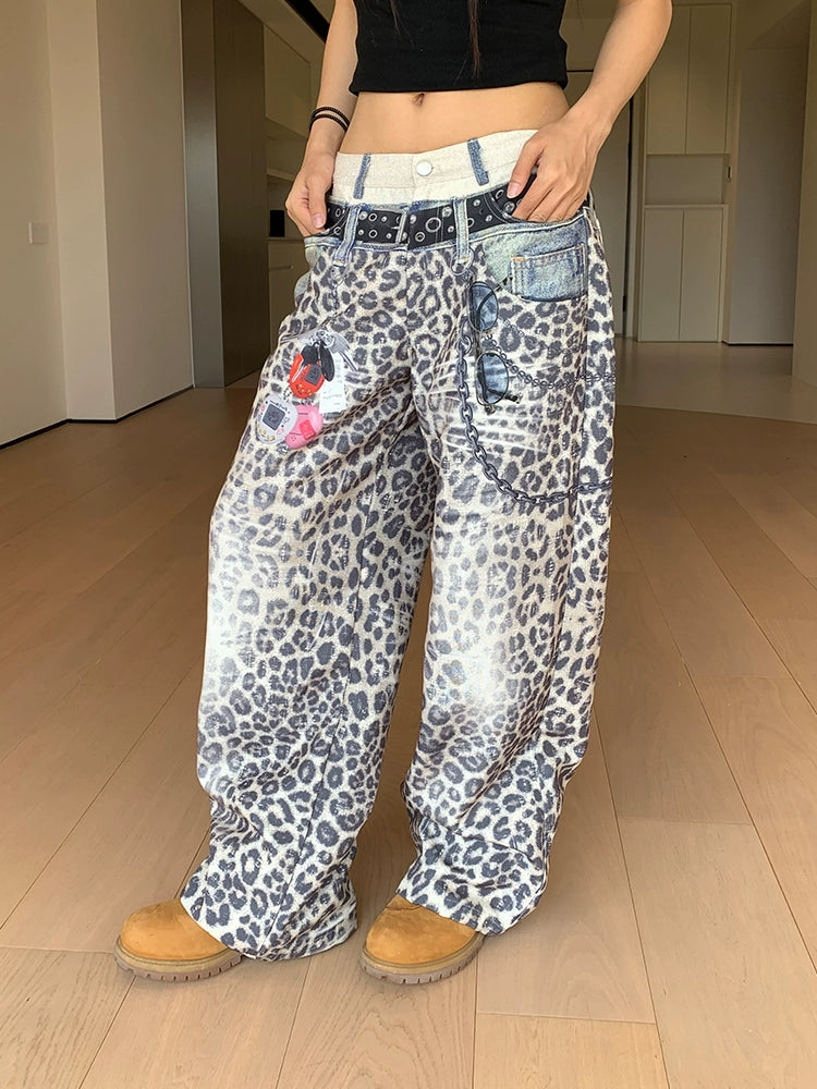 EAHO Double Waist Belt Chain Pendant Printed Leopard Print Pants