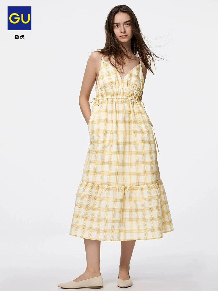 GU Plaid Suspender Dress V-neck Bow