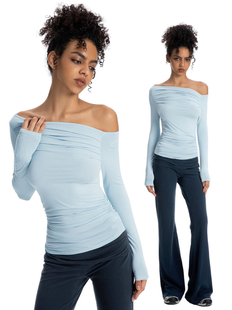 ABMY Pleated Slim Skinny Slash Shoulder Tee