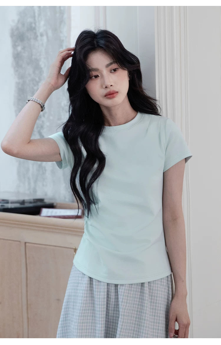 XUJING Pleated Front Shoulder Slim and Thin Tee