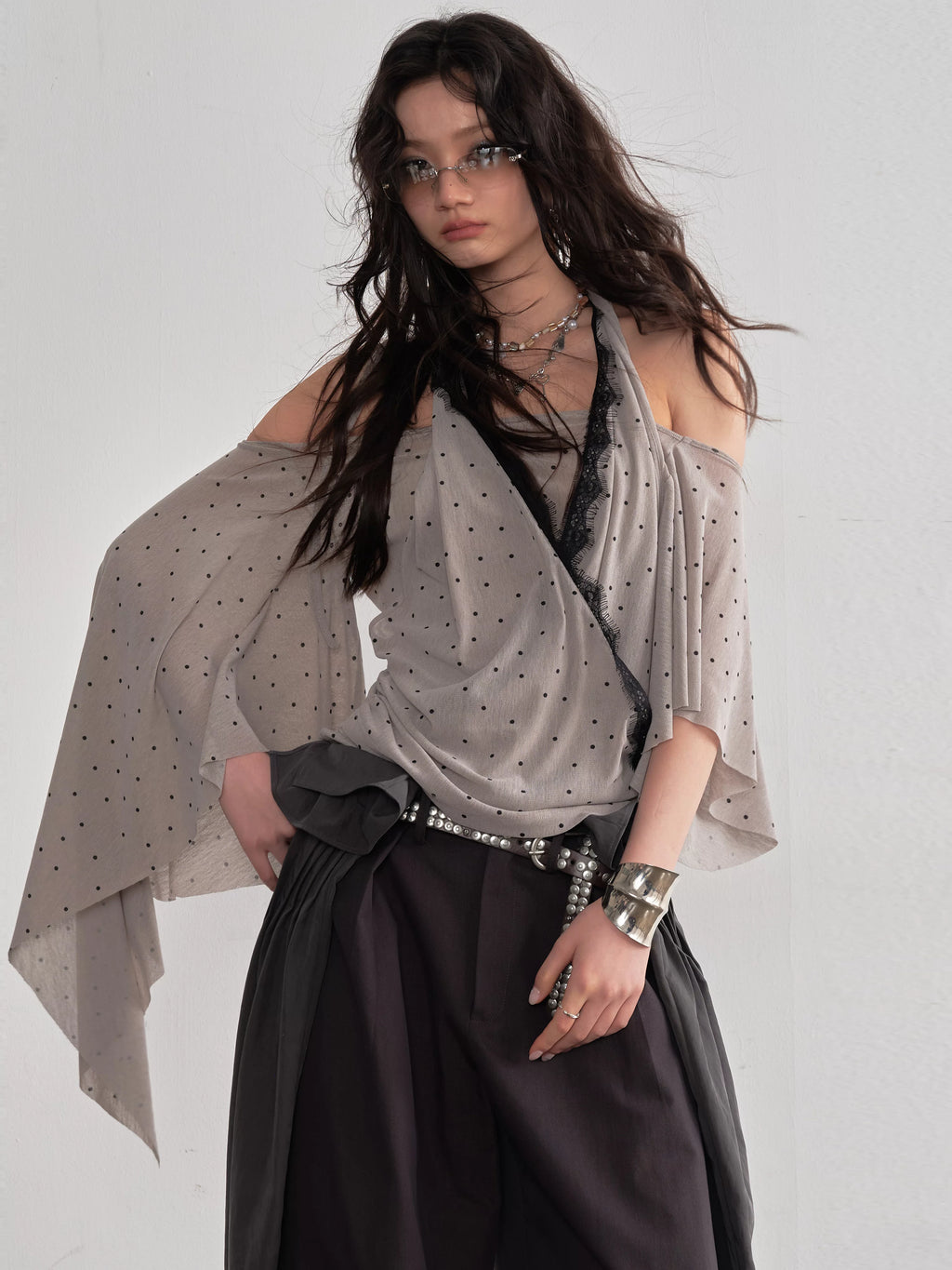 JNYLON Retro Asymmetrical Shawl Sleeve Neck Polka Dot Tee