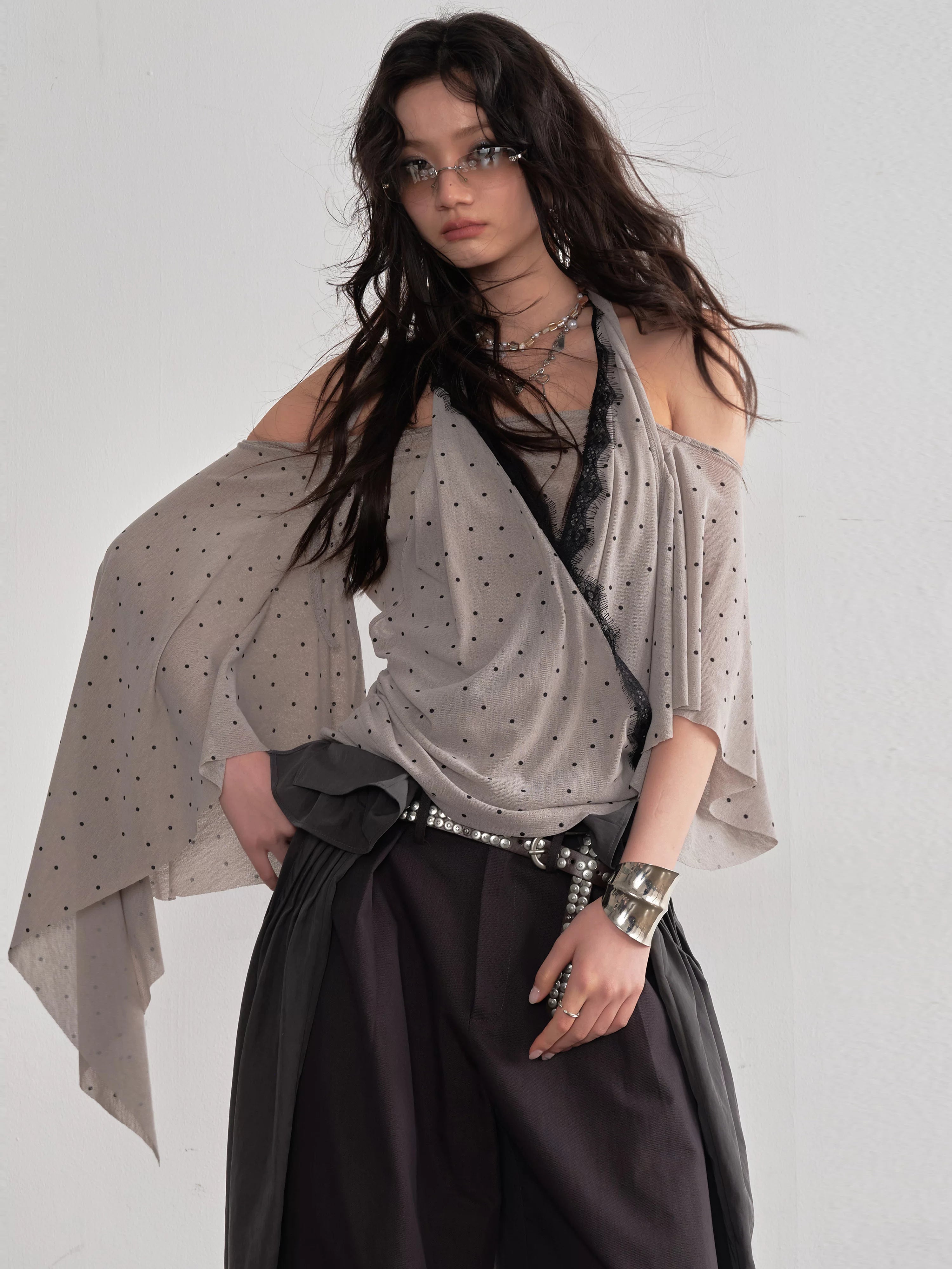 JNYLON Retro Asymmetrical Shawl Sleeve Neck Polka Dot Tee