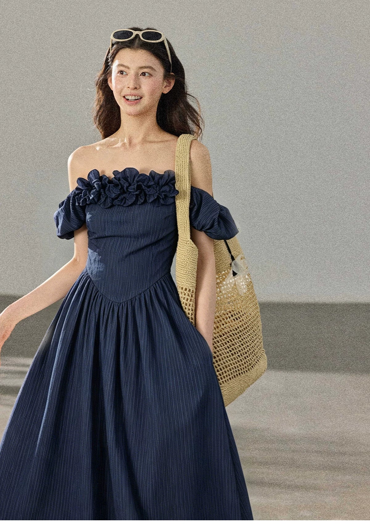 TYANG Two Wear Three-dimensional Ruffle Edge One-word Shoulder Striped Dress