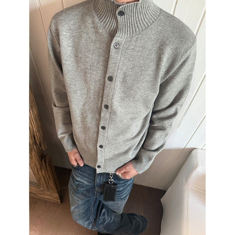 EME Knitted Ribbed Stand-up Neck Cardigan Sweater