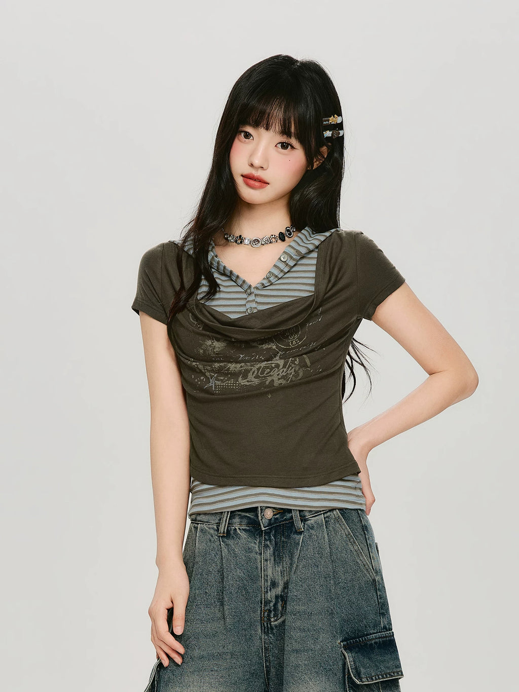 Girlyhalo Vintage Fake Two-piece Hooded Striped Slim Tee