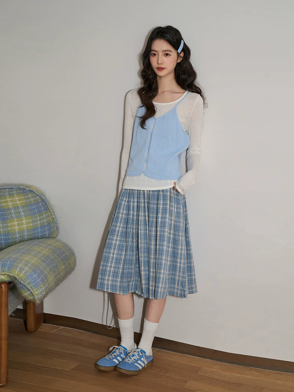 XUJING High Waist Drape Plaid Skirt