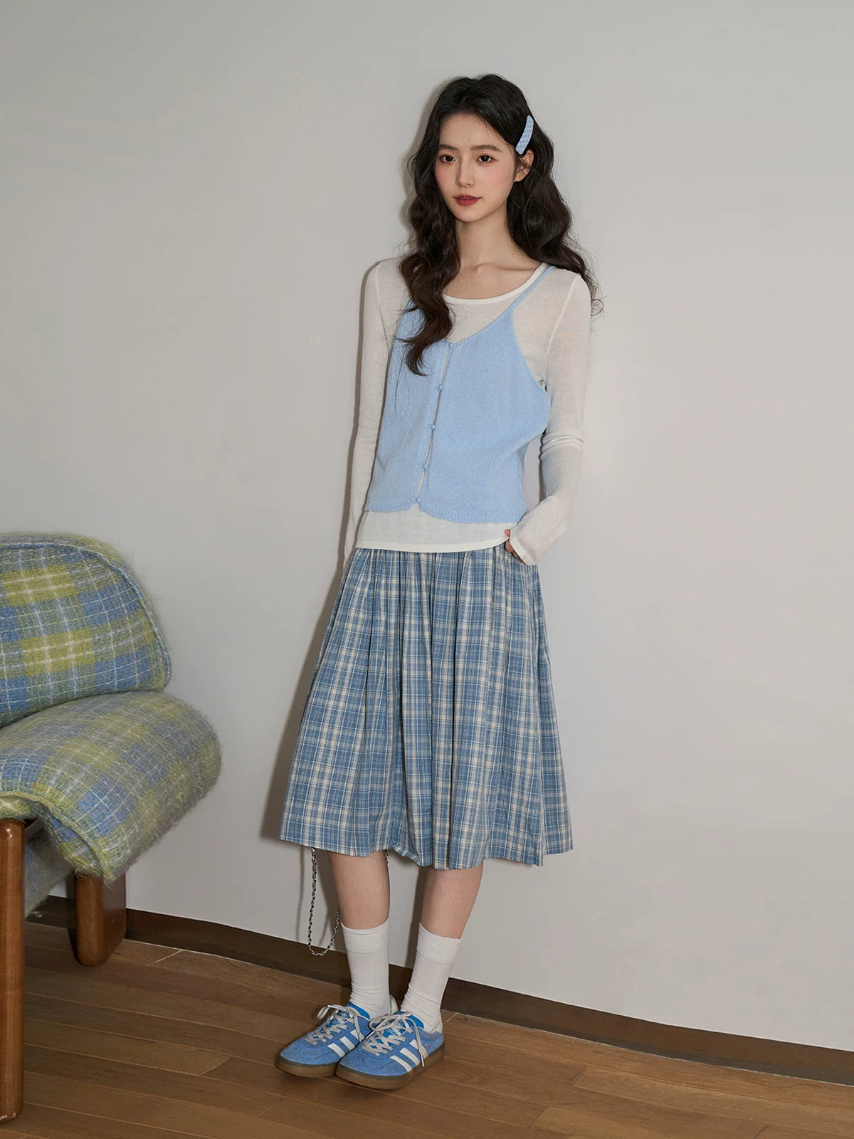 XUJING High Waist Drape Plaid Skirt