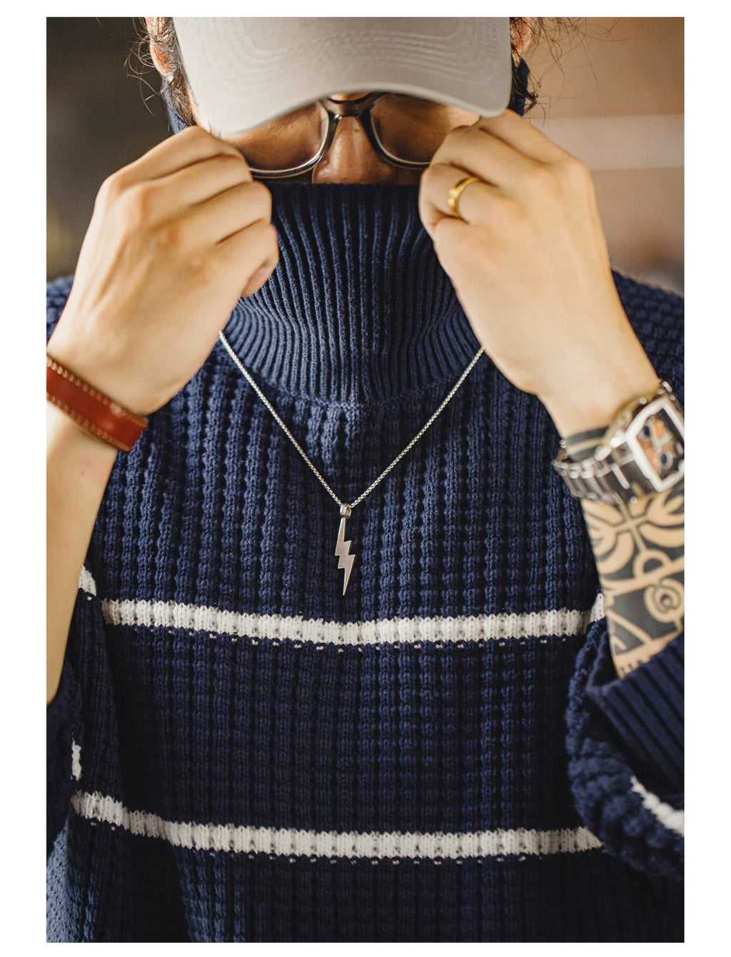 Madden retro striped shoulder sleeve sweater turtleneck knitted sweater