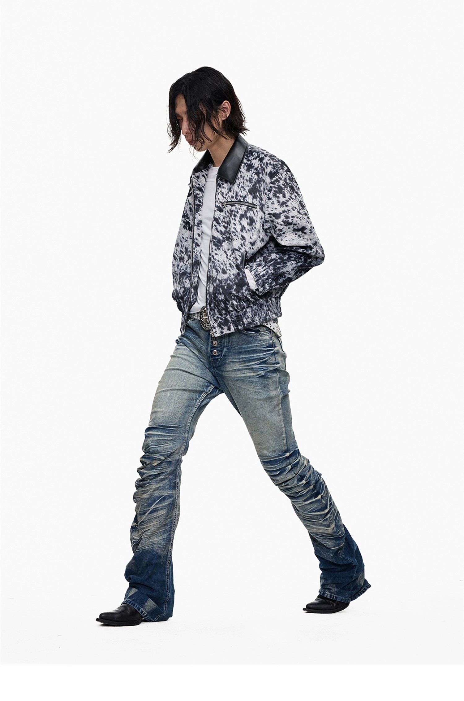 Lightinus Leopard Short Spliced Leather Lapel Jacket