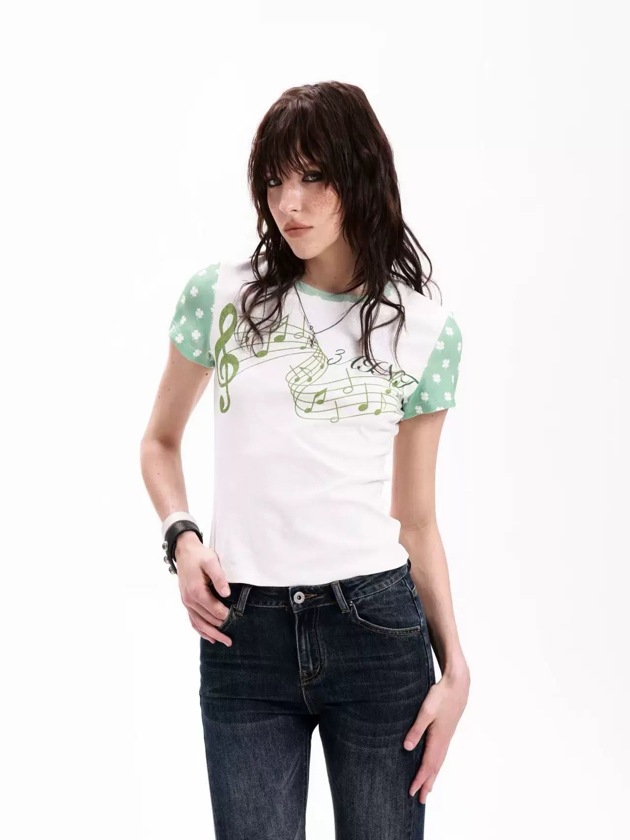 DETW Contrasting Color Front Shoulder Waist Thin Tee