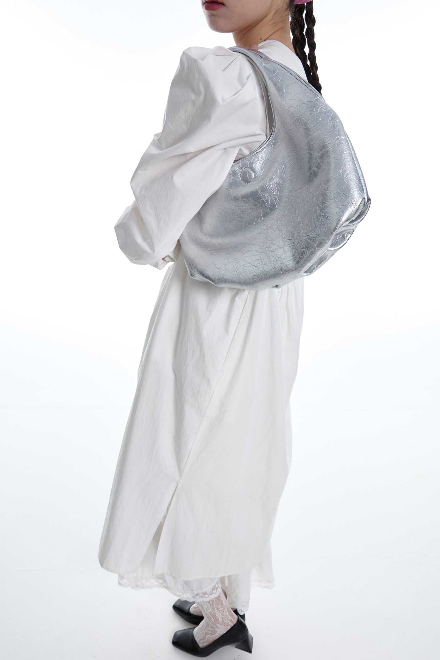 DirtySix Fuka bento bag soft pleated shiny leather shoulder underarm bag.