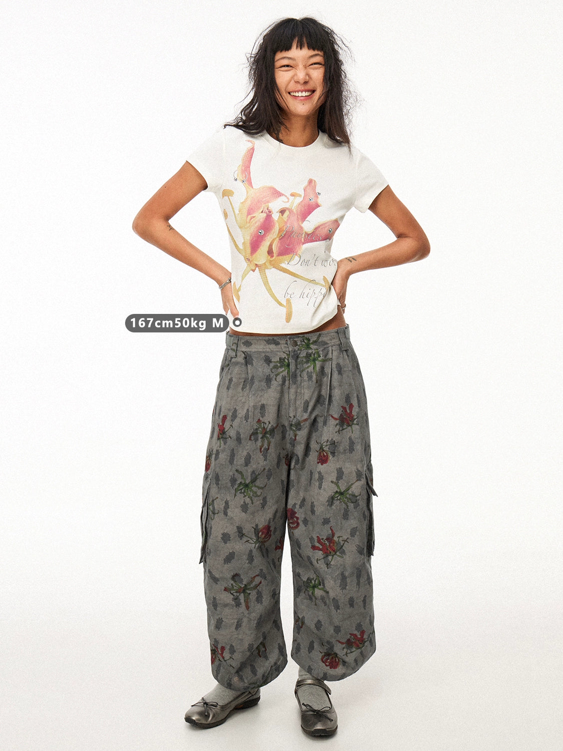 PHYS Floral Print Micro-closure Front Shoulder Short-sleeved T-shirt Tee