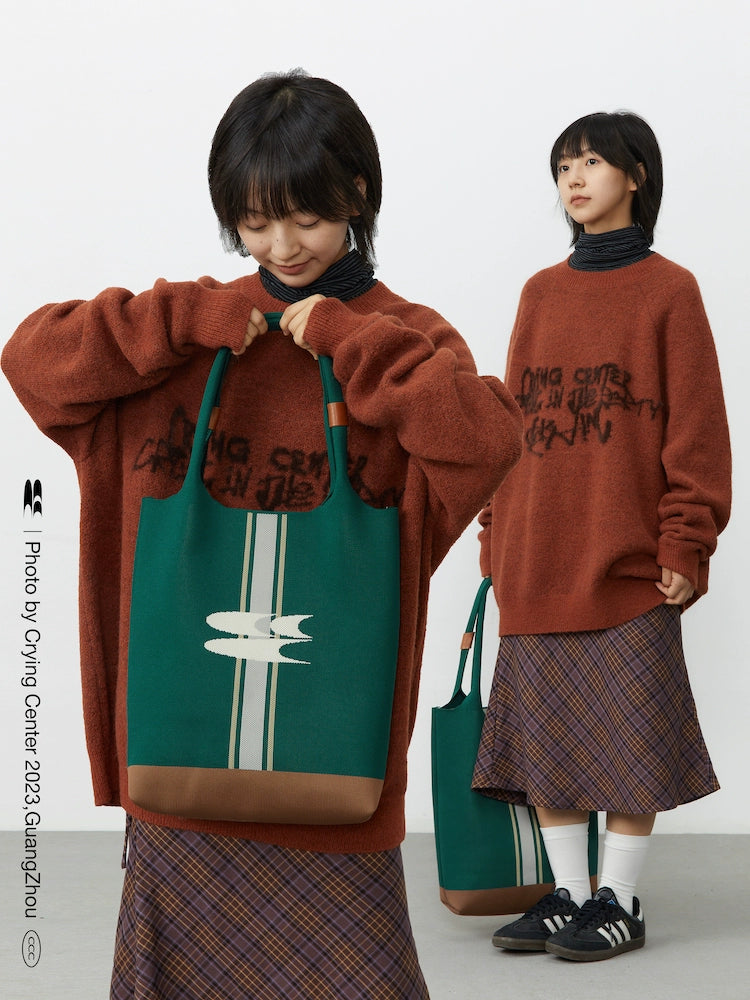 CryingCenter Vintage Green Knitted Tote Bag Large Capacity Shoulder Tote Bag