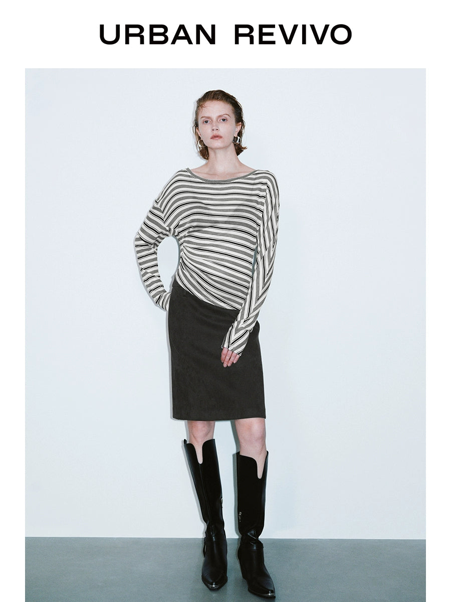 URBAN REVIVO Contrast Striped Slash Neck Pleated Long Sleeve