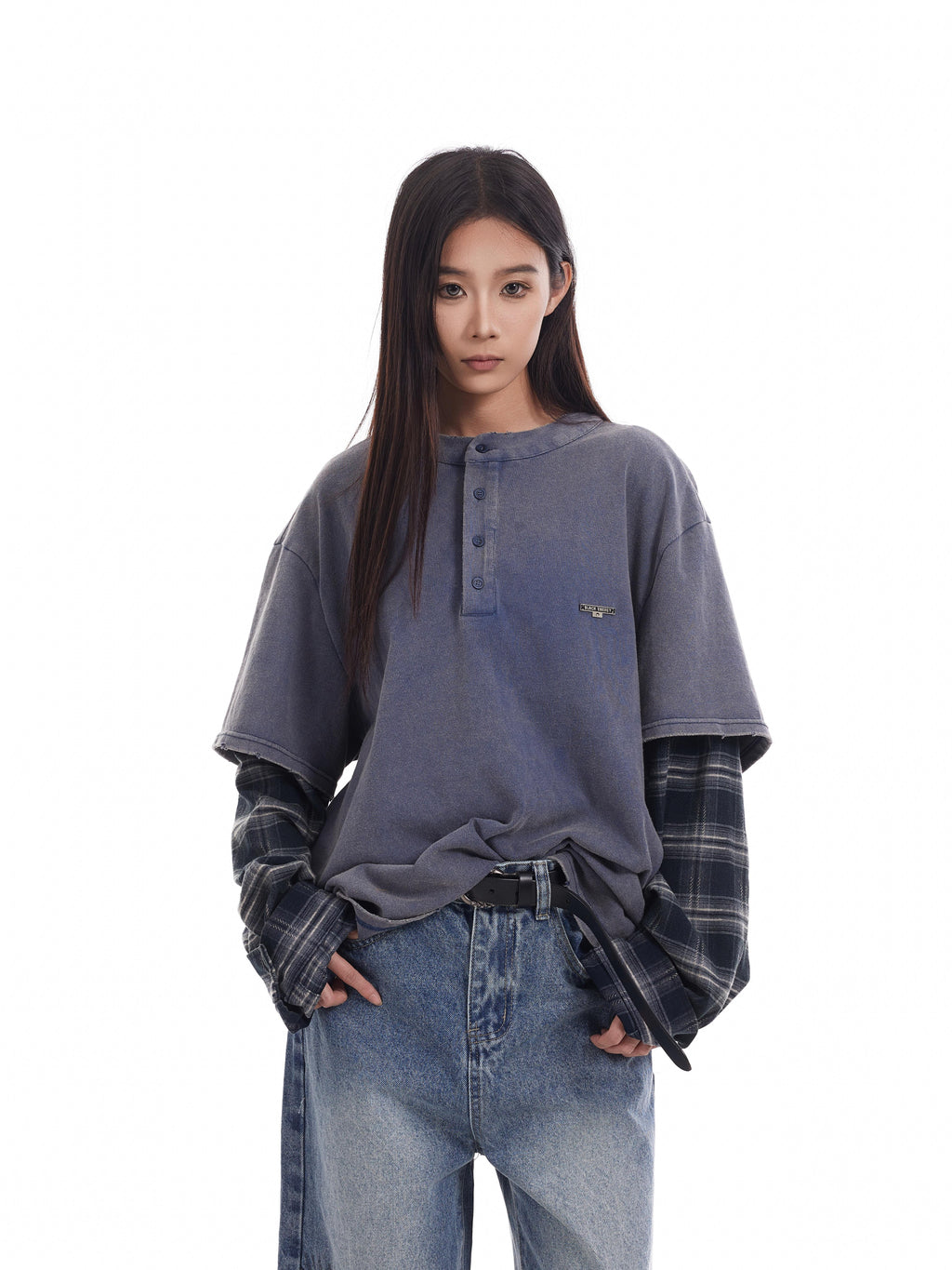 BTSG fake two-piece plaid splicing long sleeve tee