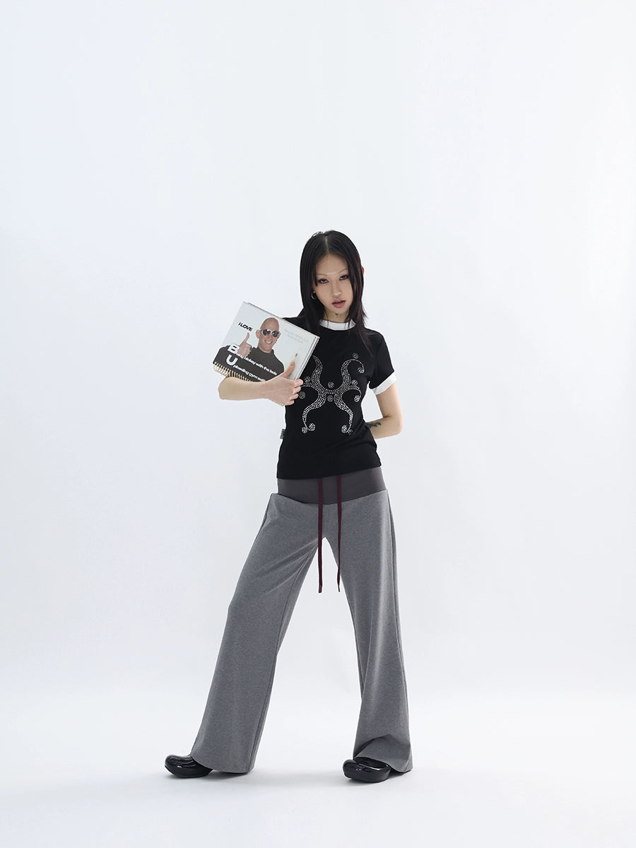 FUZZYKON Color Matching Elastic Micro-pull Rope Low-rise Sweatpants
