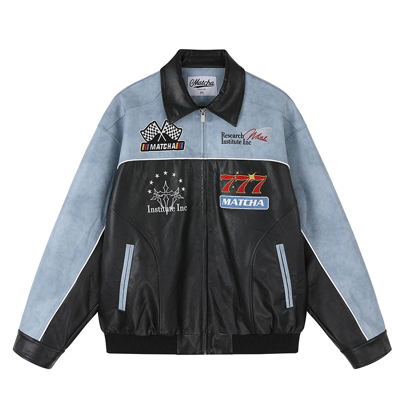 MATCHA STORY Locomotive Wind Embroidered Pu Leather Jacket