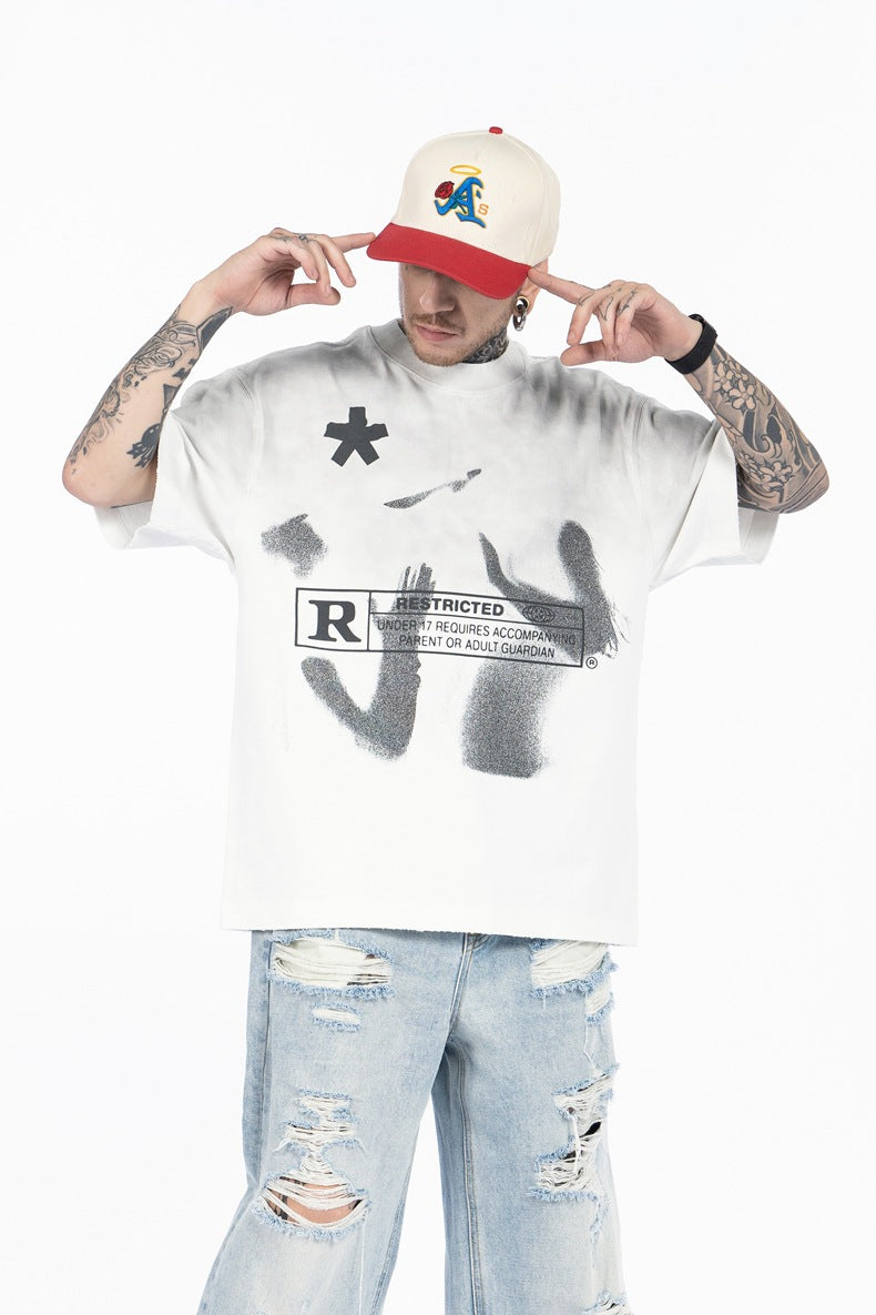 SUPER WAY Letter Printing Gradual Change Spray Color Casual Tee