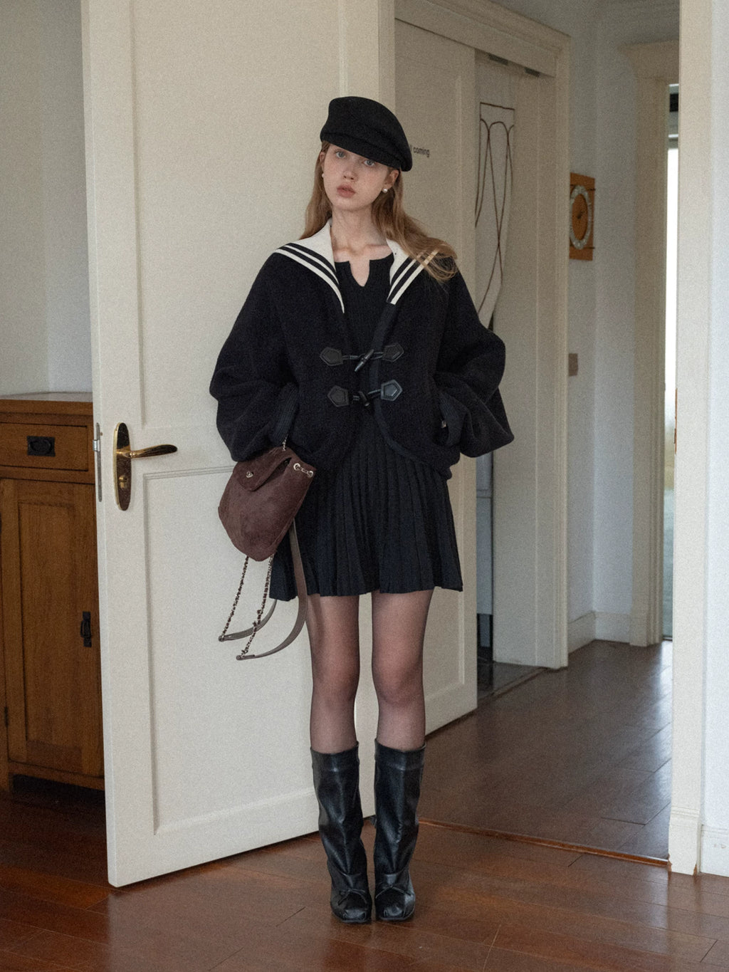 EGGKA V-neck Flared Sleeve Pit Strip Wool Dress