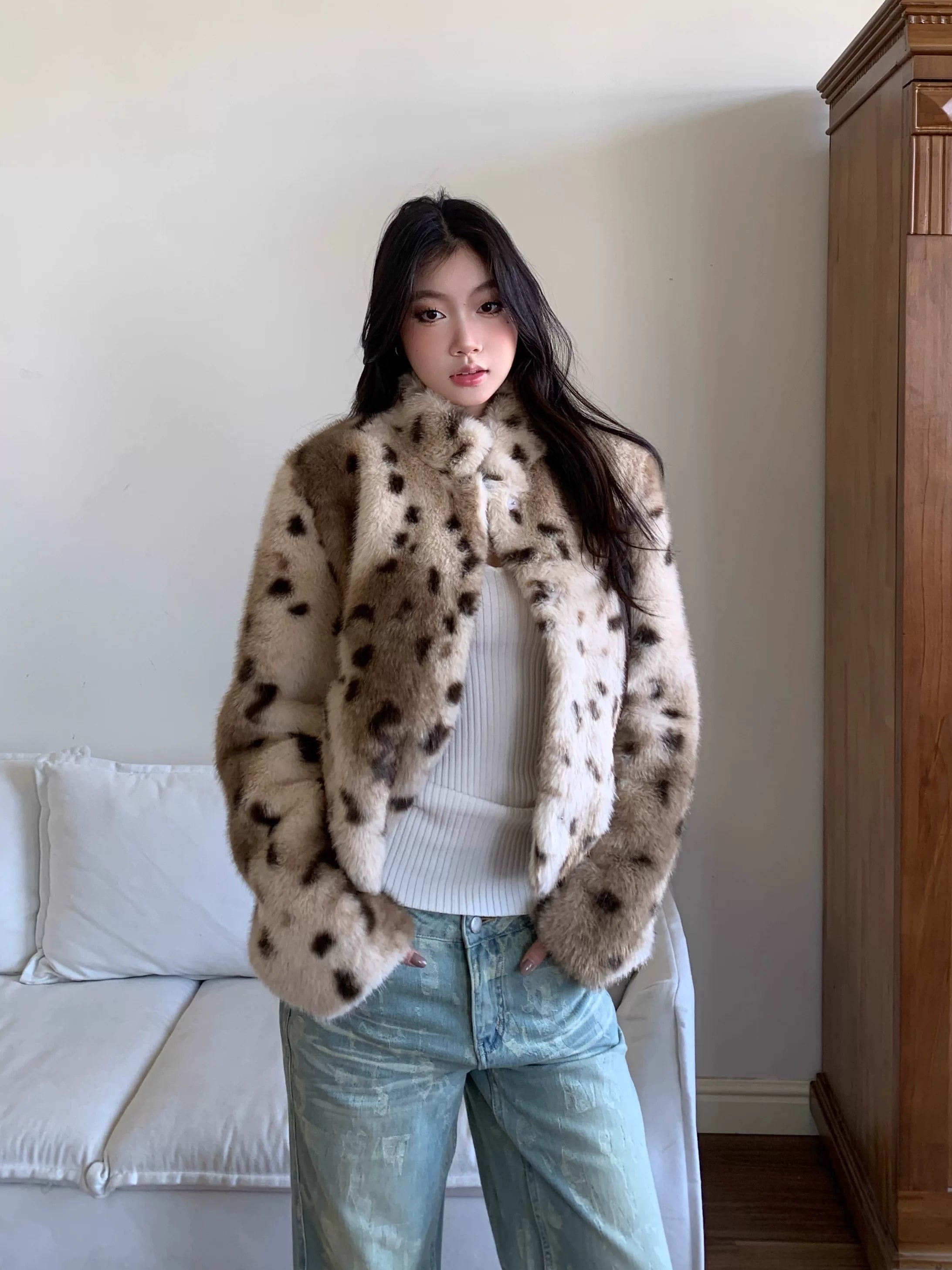 WITHMIN Leopard Print Casual Soft Waxy Lazy Coat