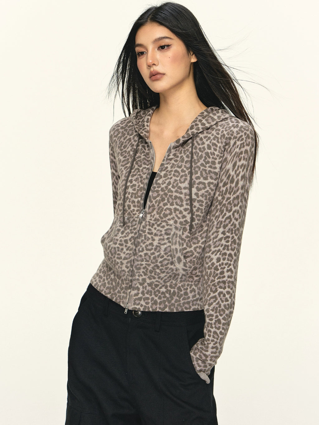 Anna Aneae Leopard Print Hooded Short Casual Slim Jacket