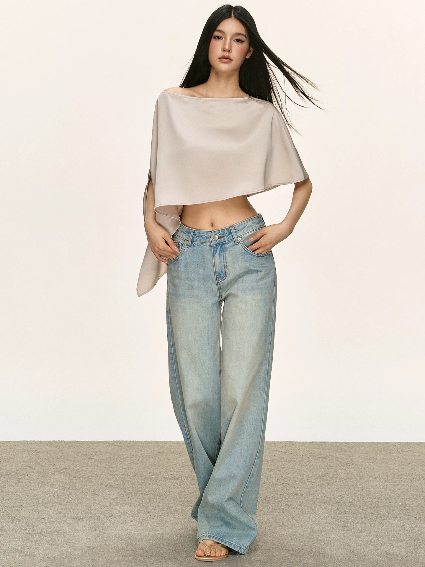 Anna Aneae Satin Slanted Shoulder Slim One-word Collar Short Tee