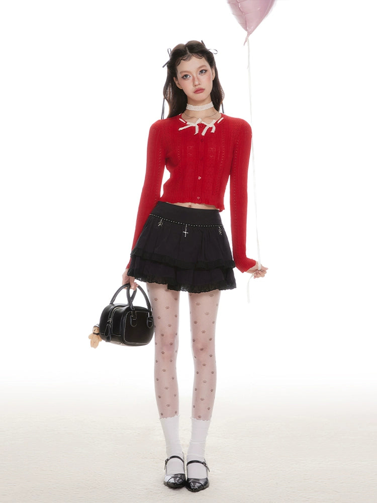 IMONE Fungus Edge Bow Crew Neck Short Knitted Shirt